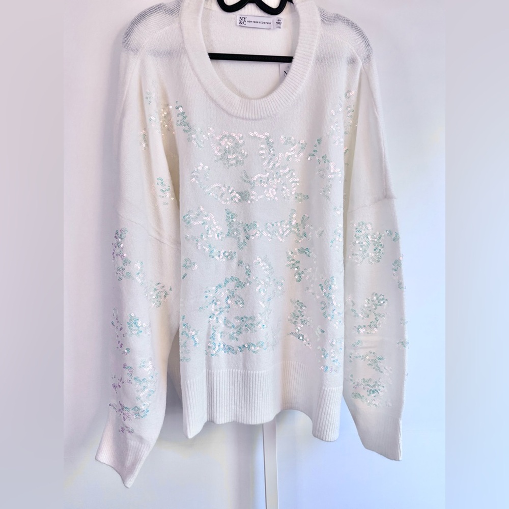 New York & Company White Sequin Sweater 3X
